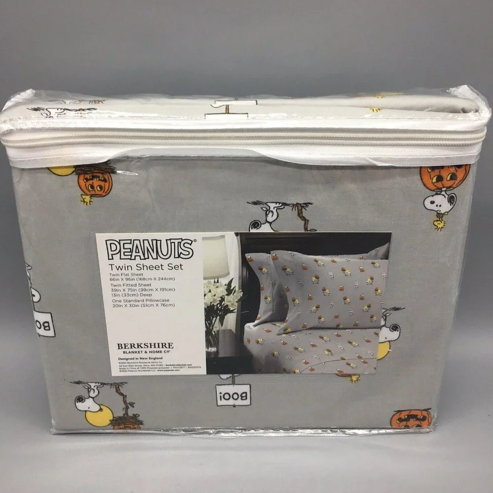 3pc Berkshire Peanuts Halloween TWIN Sheet Set Snoopy Woodstock Pumpkin Boo NEW